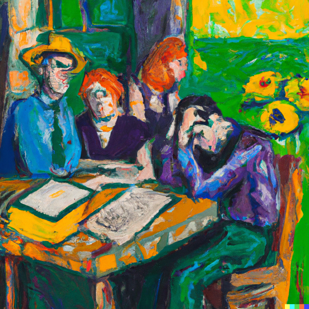 Sad graduate students studying for their PhD, van Gogh style